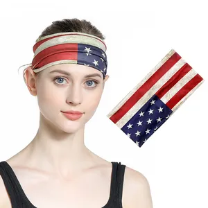 MIO bandana elastis untuk wanita, ikat kepala elastis warna merah putih dan biru, Bandana Olahraga lebar motif bendera AS untuk wanita