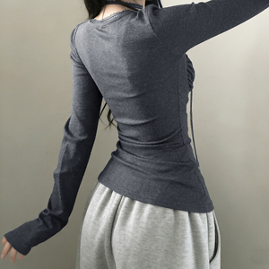 เสื้อยืดแขนยาวคอเหลี่ยมแต่งลูกไม้จับจีบสไตล์สาวหวานซ่อนเปรี้ยว พร้อมผ้าคลุมไหล่ทรงสลิม - Product Image 6