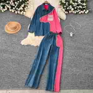 Ensemble en jean décontracté vintage 2 pièces pour femme avec pantalon de jogging tissé taille haute - Vente en gros - Product Image 3