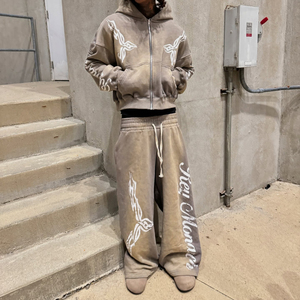 定制太阳褪色重量级宽松合身法国毛圈450 Gsm运动服复古拉链男士超大运动裤和连帽衫套装 - Product Image 1