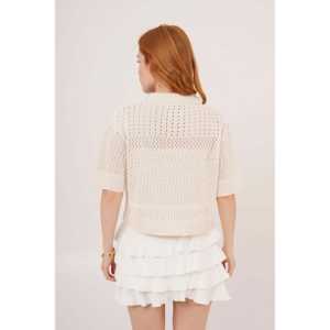 Chemisier en tricot ajouré à col polo pour femme, couleur écru, style décontracté et respirant pour tous les jours - Product Image 3