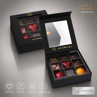 Boîte Cadeau en Papier pour Chocolats Leabon, Noir Mat avec Logo Cœur Doré, Couvercle Miroir, 9 Compartiments pour Emballage de Chocolats, Vente en Gros Usine