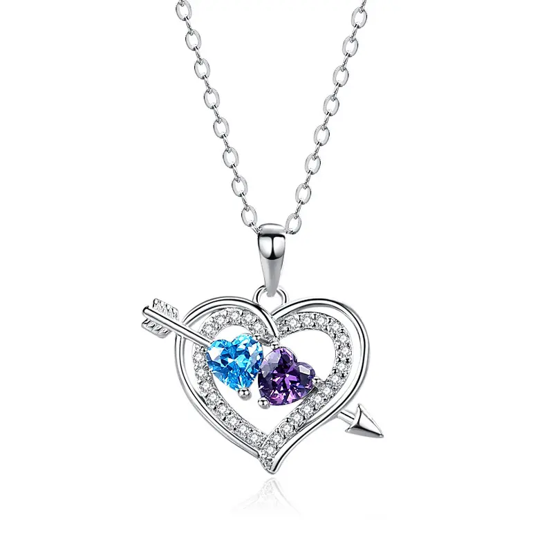Eros Arrow Sterling Silver Pendant Necklace Double Heart 925 Silver Necklace With Zircone