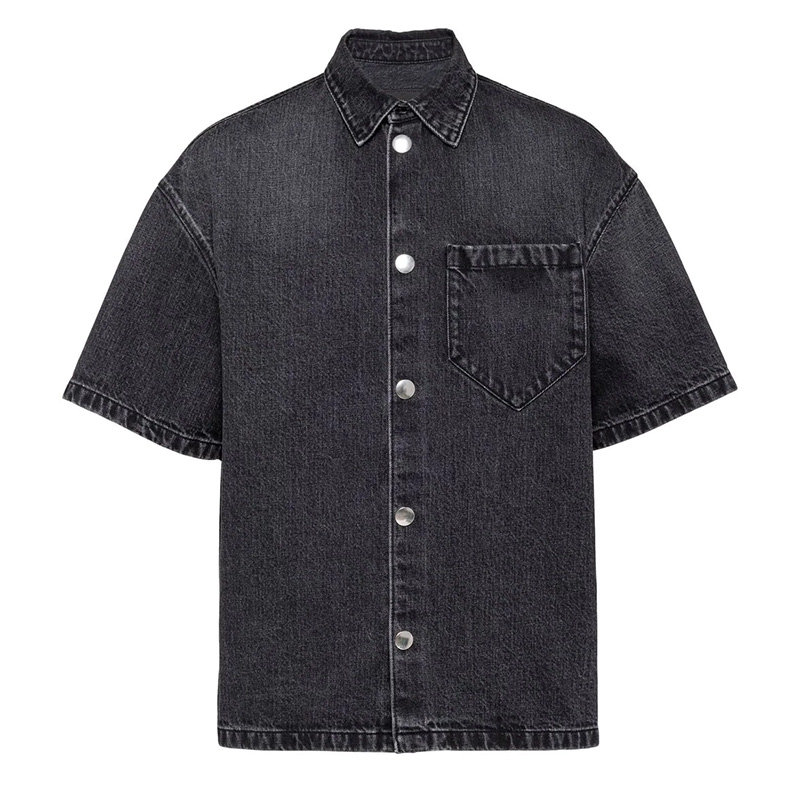 Custom 100% Katoen Vervaagd Zwart Boxy Fit Korte Mouwen Denim Shirts Knoop Fly Jean Shirts Voor Mannen