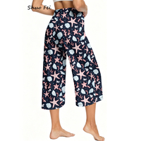 Pantalon large taille haute pour femme, imprimé étoiles de mer et coquillages, coupe courte, avec cordon de serrage, idéal pour le yoga et la détente, style athlétique, motif océan