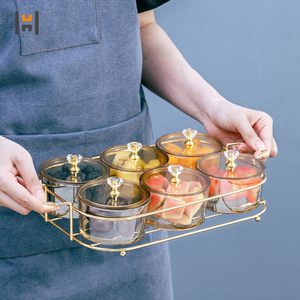 Plato de fruta de vidrio de lujo, redondo, creativo, con cubierta, rejillas divididas, tazón de almacenamiento con soporte de Metal - Product Image 5