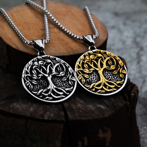 Collier Viking Arbre de Vie pour Homme, Yggdrasil en Acier Inoxydable Plaqué Or, Pendentif Cercle Géométrique, Amulette Nordique Celtique, Accessoires en Tissu - Product Image 1