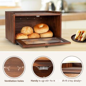 Boîte à pain en bois avec fenêtre en verre, récipient de rangement pour la cuisine, couleur brun foncé - Product Image 4