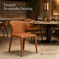 Chaise de salle à manger moderne en cuir cognac entièrement rembourrée, dossier incurvé enveloppant, chaise commerciale en PU pour restaurant, hôtel, café