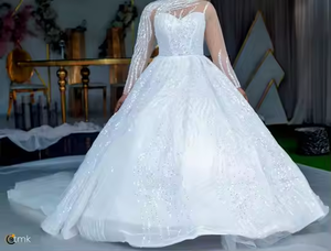 Venta al por menor 2025 nigeriano con cuentas de encaje vestido de novia de manga larga vestido de baile con tren de la Catedral para Aso Ebi <span class=keywords><strong>fiesta</strong></span> vestido de novia - Product Image 5