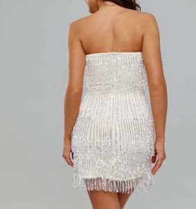 Kadınlar İçin Tek Renk Dokuma Beyaz Pullu Saçaklı Straplez Dar Kesim Mini Elbise Doğal Bel Çevre Dostu Akşam Partisi Kulüp Kıyafeti - Product Image 3