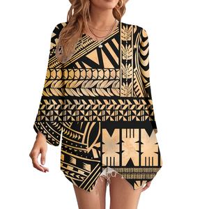Chemisier à la mode personnalisé hauts et chemisiers à manches longues Samoa <span class=keywords><strong>tatouage</strong></span> Tribal imprimé polynésien femmes Blouses et chemises - Product Image 1
