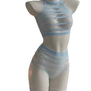 Lencería sexy de poliéster transpirable, top de tubo transparente, camisón ajustado a rayas con aberturas y escote pronunciado - Product Image 5