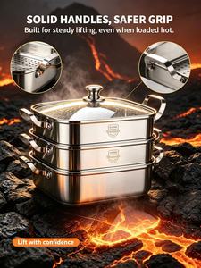 Olla Vaporera Cuadrada de Acero Inoxidable 304, 30 cm, 3 Niveles, con Tapa de Vidrio, Ecológica, Apta para <span class=keywords><strong>Gas</strong></span> e Inducción, con Paño de Vapor - Product Image 3