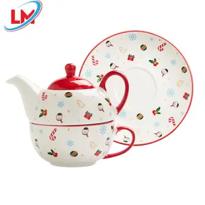Porcelain Decal Logo Factory Provide Directly Christmas Teapot Cup and Saucer Set for Gift