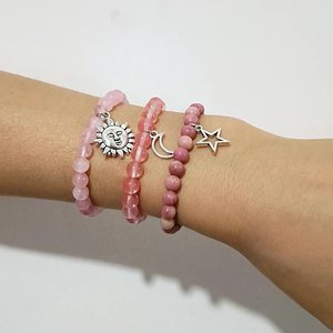 אבן חן טבעית 8 מ "מ חרוזים צמיד אופנתי לנשים עם תליון שמש עיצוב סט צמיד אבן טבעית אלסטי - Product Image 6