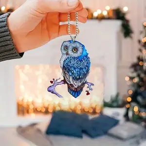 (No 3D) Colgante de búho azul de pie en una rama de árbol accesorios interiores de coche mochila y llavero decoración acrílica