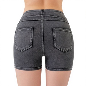 Shorts en jean taille haute pour femme, couleur unie, taille élastique, style décontracté avec poches, respirant, coupe régulière, délavé - Product Image 3