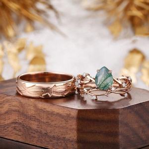 Vendita calda <span class=keywords><strong>gioielli</strong></span> 925 argento rosa placcato oro placcato acqua a forma <span class=keywords><strong>di</strong></span> goccia agata muschio coppia anello - Product Image 2