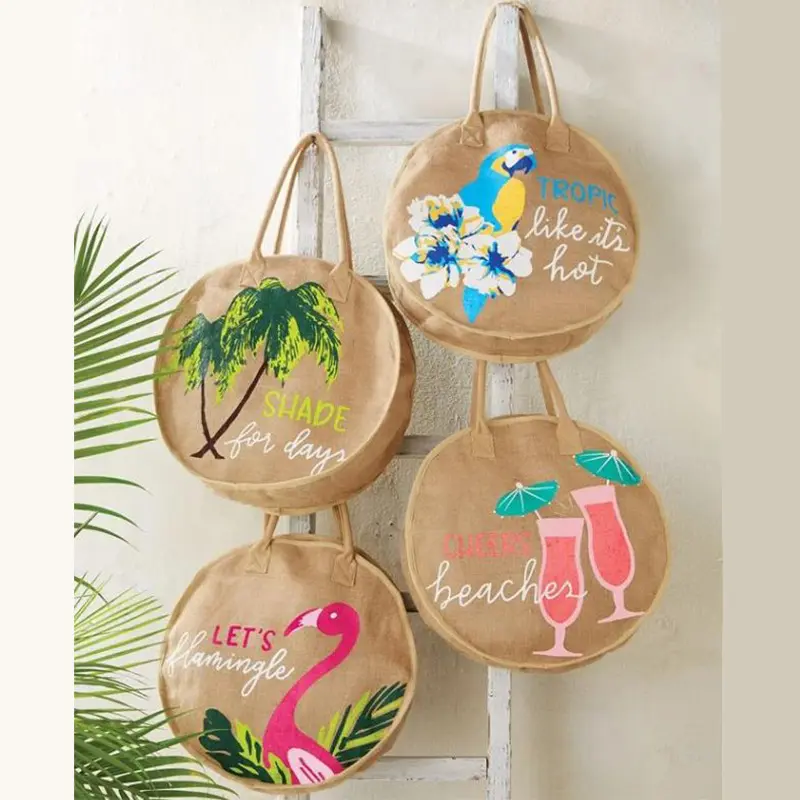 Promotion Summer Beach Tropical Custom Printed Runde Hanf Handtasche mit großer Kapazität Umwelt freundliche wieder verwendbare Jute-Einkaufstasche