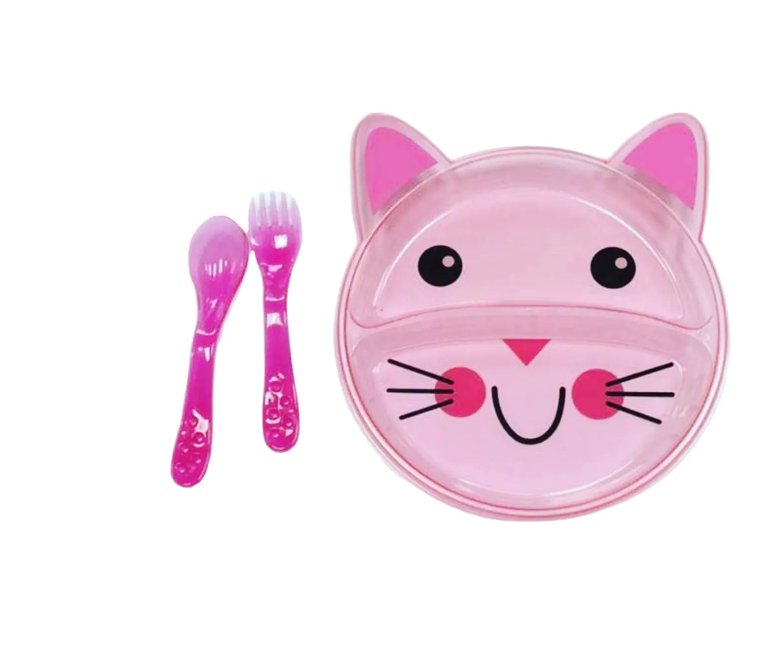 Cheap lovely kid tableware plastic cartoon cat design plate with spoon and fork