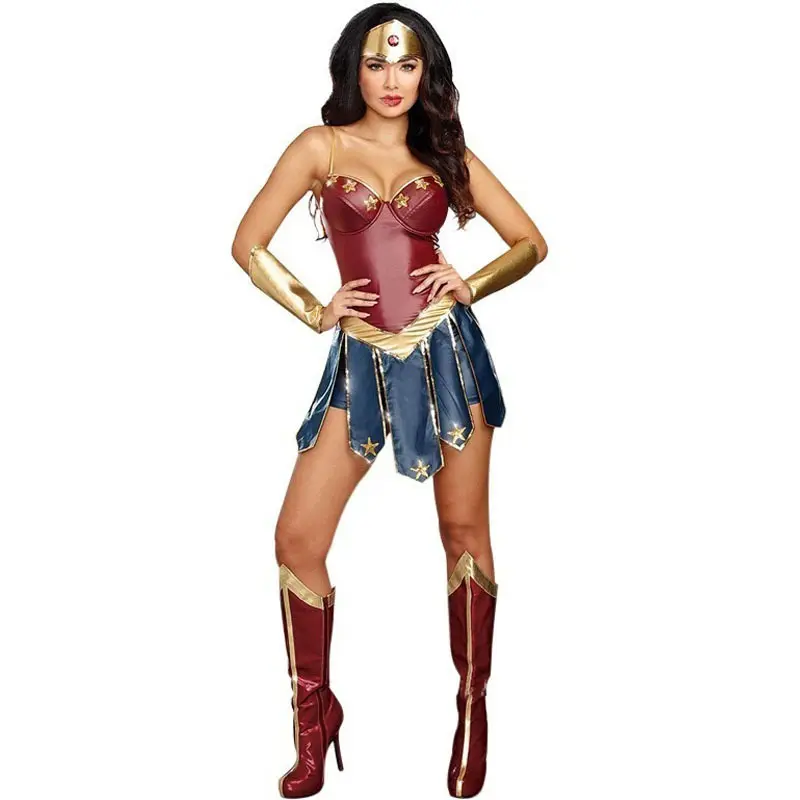 Halloween Carnival Pu Leather Game Animation Sexy Role Play Wonder Woman Costume Adult