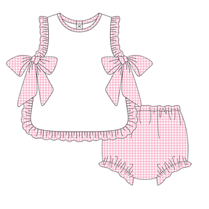 女婴夏季服装套装 粉色格子上衣，带大蝴蝶结和灯笼裤 幼儿荷叶边精品服装 - Product Image 5