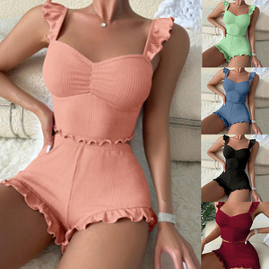 OEM Custom Women Ribbed Knit Pajamas Ruffle Strap Cami Top <b>Shorts</b> 2 Piece Loungewear Sleepwear - Product Image 5