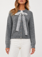Cardigan confortable gris à col rond pour femme, élégant nœud en dentelle blanche avec boutons en forme de cœur, joli pull court en tricot, OEM/ODM