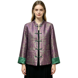 Chaqueta de Mujer Estilo Tang con Flores Moradas, Cuello Mandarín, Abrigo Tradicional Chino para Ceremonias y Actuaciones - Product Image 1