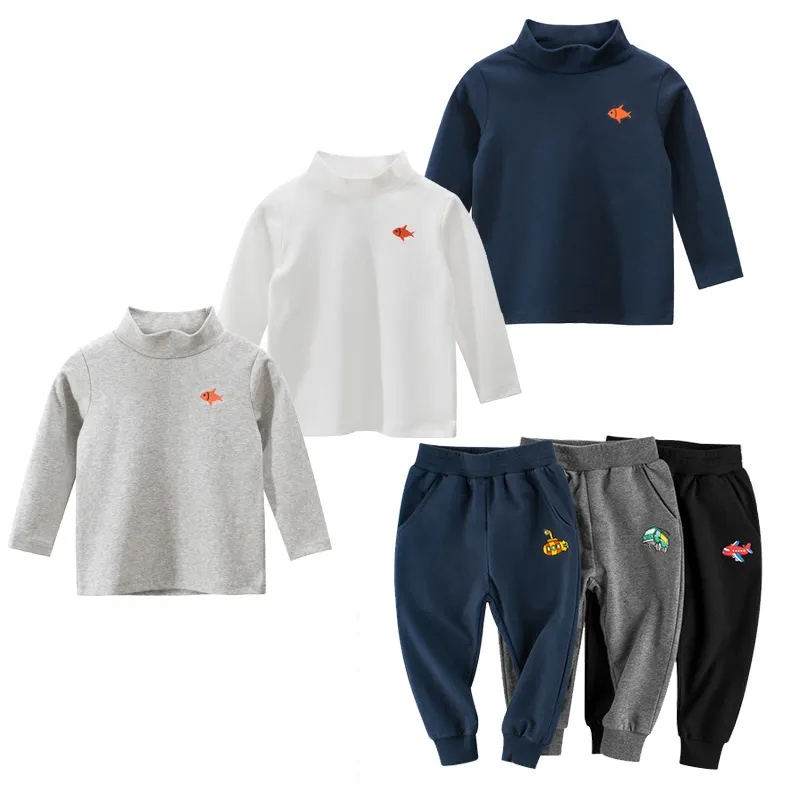 Pantalones deportivos de invierno para niños, Camisa larga, conjunto de 2 piezas, camiseta de manga larga para bebé, traje de pantalones informales de cuello alto