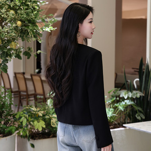 Women's Autumn Winter Round Neck Blazer Black Solid Color Polyester Woven Slim Fit Casual <b>Jacket</b> <b>Short</b> Coat - Product Image 4