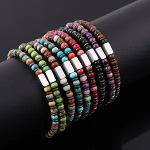 New Design Men Bracelet Custom Logo Natural Stone Hematite Stone Imperial Jasper Beaded Elastic Bracelet Beads JBS12628