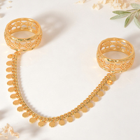 Bague double plaquée or 18 carats de luxe de Dubaï, avec pampille pièce de monnaie et chaîne, pour femme arabe, style vintage, bijou de main étanche
