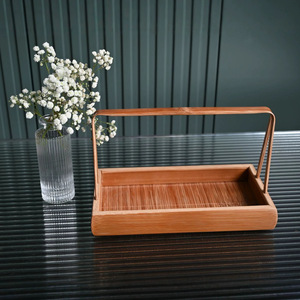 Bamboo Serving <b>Tray</b> With Handle Rectangular Wood Pattern Home Kitchen Fruit Platter Storage <b>Basket</b> Snack <b>Tray</b> - Product Image 1