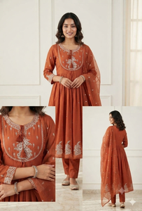 Elegant Rust Orange Embroidered Anarkali <b>Suit</b> Set for <b>Women</b> 3 Piece Gown with Dupatta Festive <b>Wedding</b> Party Wear - Product Image 4