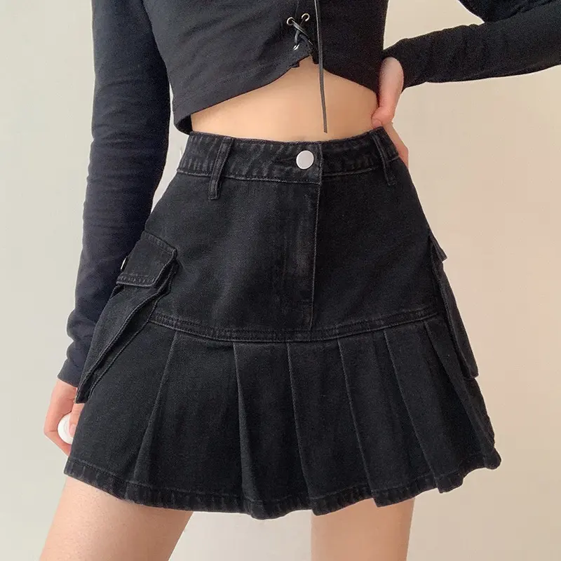 Mall Goth High Waist Jean Skirts E-girl Aesthetics Black Denim Pleated Skirts with Big Pockets Grunge Punk Outfits