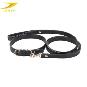 Customizable Simple style black genuine leather dog leash and collar