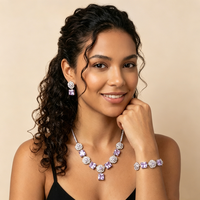 Ensemble de 3 pièces : Collier en zircon rose cristal, Bracelets camélia de luxe, Boucles d'oreilles clous fleur, Bijoux de mariée scintillants, Conjunto De Joyas