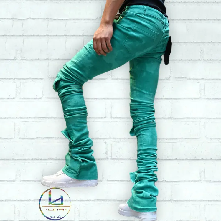 HuiLi High street fashion colorful jeans OEM brand multi pocket washed cargo denim pants slim fit custom stacked jeans men