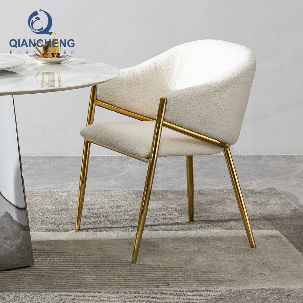 QIANCHENG golden stainless steel luxury hotel chair modern restaurant cafe furniture white Lambswool dining chair for sale used