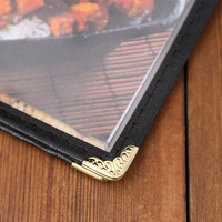 JINDA 701A 8.5''x11'' Couvertures de menu haut de gamme en cuir PU et PVC transparentes, coins noirs et dorés, pour restaurants, hôtels, cafés
