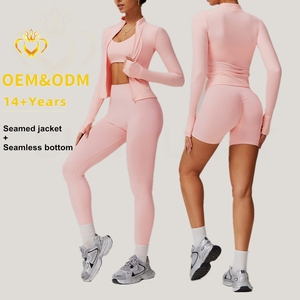 Conjunto de Chaqueta con Cremallera para Yoga al por Mayor, Shorts Deportivos Rosas sin Costuras para <span class=keywords><strong>Pilates</strong></span>, Leggings de Alta Calidad con Textura Acanalada, Conjunto de 2 Piezas para Mujer - Product Image 1