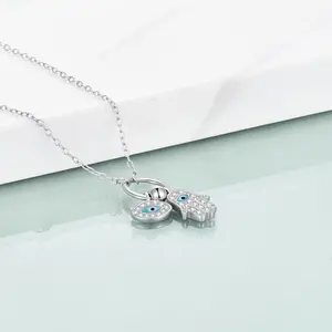 Joyería fina <span class=keywords><strong>Plata</strong></span> <span class=keywords><strong>de</strong></span> Ley 925 <span class=keywords><strong>Hamsa</strong></span> Blue Devil's Eye Lucky Charm Colgante Collar - Product Image 3