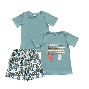 Conjunto de Ropa de Verano para Bebé Niño, Diseño Personalizado BSSO1999, Estampado de Cachorro en Camuflaje Azul, Venta al Por Mayor, Manga Corta - Product Image 2