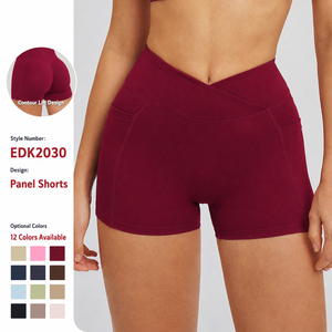Shorts de yoga taille croisée <span class=keywords><strong>avec</strong></span> poches, shorts <span class=keywords><strong>cycliste</strong></span> taille haute croisée, contrôle du ventre, effet push-up, pour la gym et l'entraînement - Product Image 1