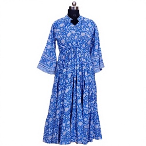 Vestido Azul con Estampado Floral, Largo hasta la Rodilla, Mangas Farol, Cuello Redondo, Estilo Holgado, Algodón Natural, Verano, Casual, Lavable, con Botones - Product Image 1