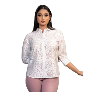 Top de Jacquard Blanco de Lujo, Versátil, Casual y Premium, Bordado, Suave y Transpirable, para Mujer, Uso por Temporada - Product Image 1