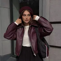 Damen Motorrad-Bikerjacke aus Kunstleder Wasserdicht mit Reißverschluss Langarm Oberbekleidung Lässige Neue Mäntel für den Herbst