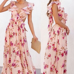 Robe longue à imprimé floral, épaules dénudées, taille empire, dos nu, robe de soirée d'été respirante, impression numérique - Product Image 1